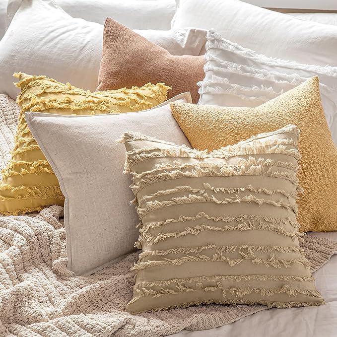 MIULEE Set of 2 Decorative Boho Throw Pillow Covers Spring Linen Striped Jacquard Pattern Cushion Covers for Sofa Couch Living Room Bedroom 26x26 Inch White