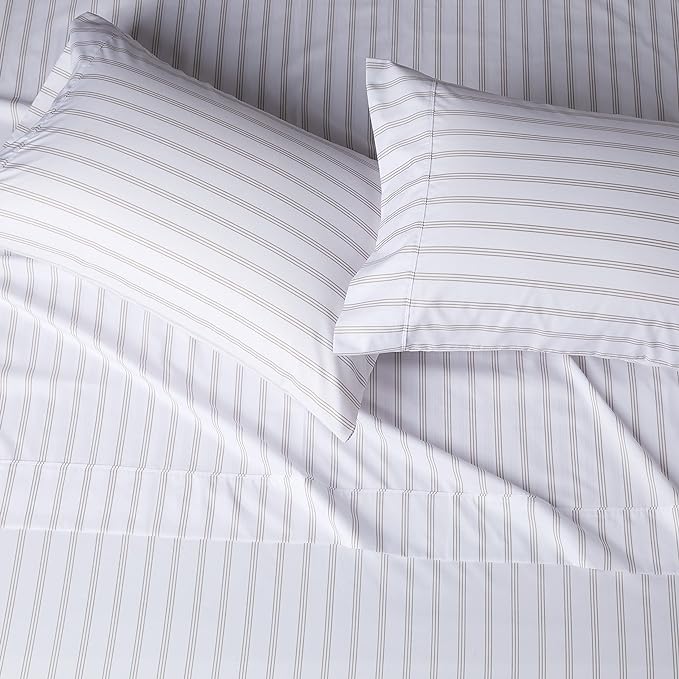Amazon Basics Lightweight Breathable Brushed Microfiber 4-Piece Bed Sheet Set,Wrinkle Resistant with 14-Inch Deep Pockets,Queen,Taupe Stripe,(Pack of 4)