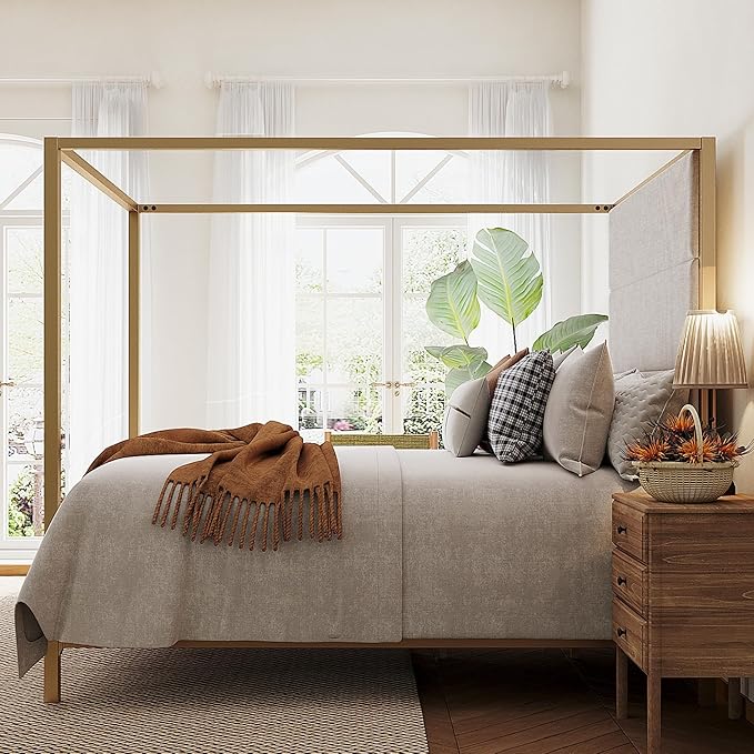 Merax King Size Modern Canopy Bed Frame, with Tall Linen Fabric Upholstered Headboard Metal 4-Poster, Box Spring Needed, Gold + Tan