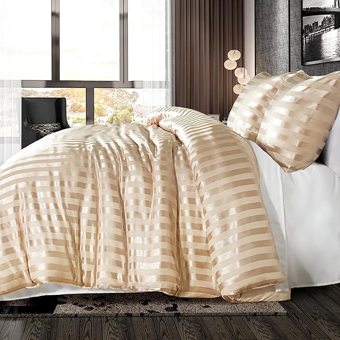 Whale Flotilla 3-Piece Reversible Silky Soft King Size Comforter Set, Luxury Stripe Satin Oversized Comforter Bedding Set with 2 Satin Pillowcases, Lightweight Duvet for All Seasons, Champagne