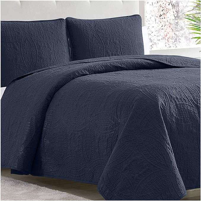 Mellanni King Bedspread Coverlet Set - Bedding Cover with Shams - Ultrasonic Quilting Technology - 3 Piece Oversized Quilt Set - Bedspreads & Coverlets (King, Navy)