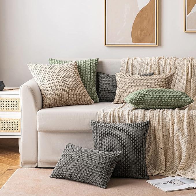 MIULEE Pack of 2 Decorative Throw Pillow Covers 16x16 Inch Soft Boho Striped Textured Corduroy Pillow Covers Modern Farmhouse Home Decor for Couch Bed Sofa Living Room Neutral Tan