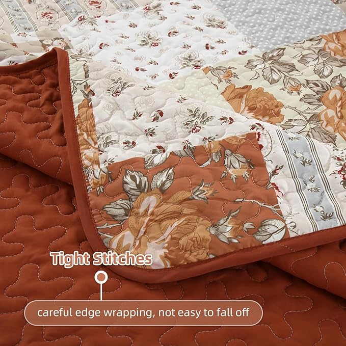 Patchwork Quilts Set Queen Size 3 Pieces Terracotta Plaid Bedspread Coverlet Set, Bohemian Farmhouse Brown Patchwork Quilt Bedding Set for All Season, Reversible Lightweight Bed Cover for All Season