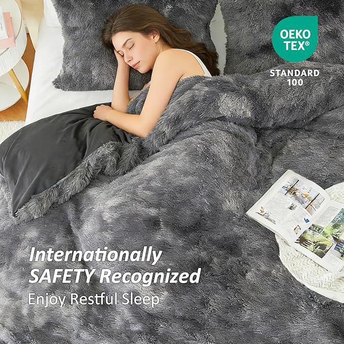EMME Luxury Fuzzy Duvet Cover Set Queen Size 3 Pieces Fluffy Comforter Cover Set for Queen Bed Shaggy and Plush Soft Bedding Duvet Covers (Dark Grey, Queen)