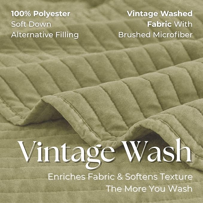 DOWN HOME King Quilt Bedding Set with Shams, Vintage Washed Soft Quilted Blanket Thin Comforter Lightweight Bedspread Coverlet Bed Cover, Brushed Microfiber Stripe Stitching, Golden Olive, 104"x90"