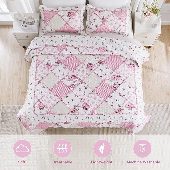 VIVILINEN Pink Patchwork Quilt Set Queen Size Reversible Quilted Bedspread Coverlet Set 3-Piece Floral Lightweight Comforter Stitched Bedding Set Bed Sheet Set Cover Blanket with 2 Pillow Shams | Pink Quilt Set, Patchwork Quilt Set, Reversible Bedsprea...