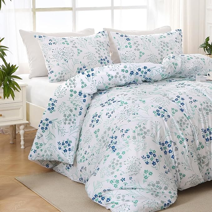 MUXHOMO Blue Flower Full Comforter Set, Elegant Floral Print Bed in a Bag 7 Pieces, Ultra Soft & Breathable Reversible Botanical Pattern Bedding Set with Comforter, Sheets, Pillowcases, and Shams