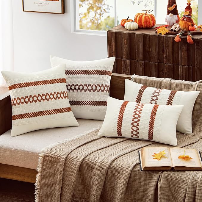 MIULEE Set of 2 Burnt Orange Decorative Pillow Covers 20x20 Inch Farmhouse Rustic Boho Couch Throw Pillows Modern Cotton Cushion Covers Retro Cute Macrame Woven Home Decor for Bed Sofa Chair