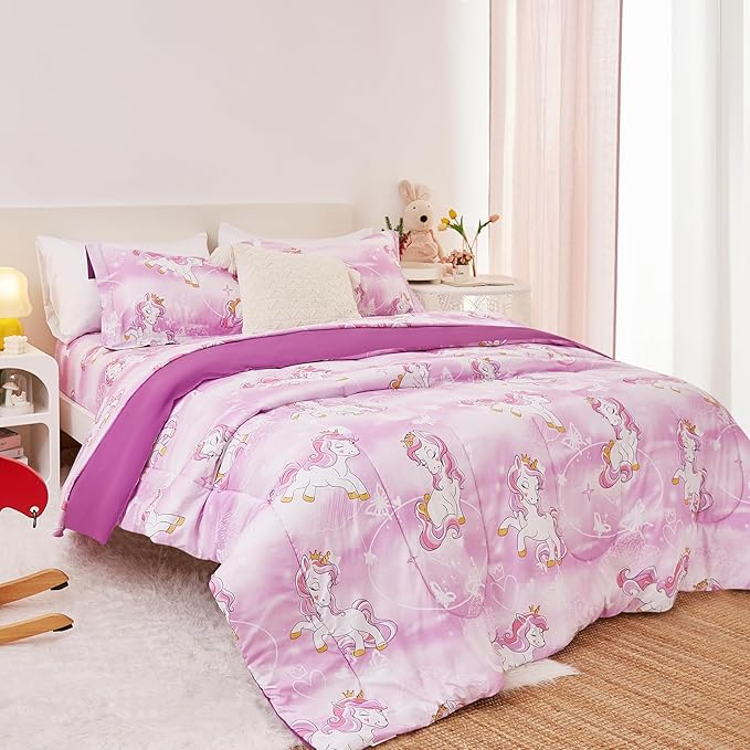 Yibeizi Unicorn Kids Comforter Set for Girls Full Size, Cute Quilted Lavender Printed Bedding Set with Pillow Sham, Lightweight Soft Breathable Machine Washable Bed Set 3 Piece