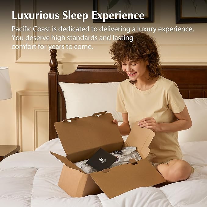 Pacific Coast Bed Pillow, Hotel Goose Feather and Down Pillow for Sleeping, 3-Chamber Pillow with High Thread Count 100% Cotton Shell, Queen Size