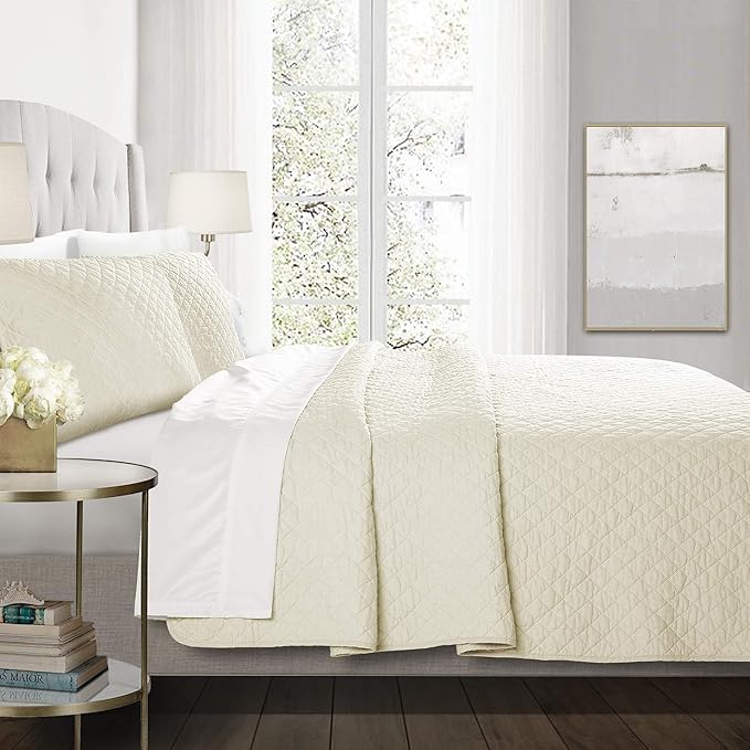 Lush Decor Ava Quilt Diamond Pattern Solid 3 Piece Oversized Bedding Blanket Bedspread Set - King - Ivory