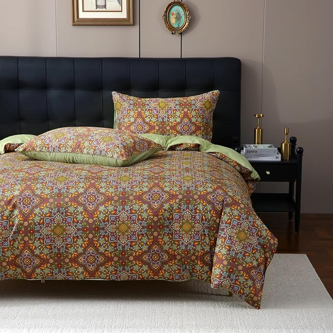 ABREEZE Bohemian Duvet Cover Set Colorful Boho Retro Bedding Set Damask Paisley Cotton Duvet Cover Tribal Reversible Bedding Exotic Style Comforter Cover 3-Piece Queen