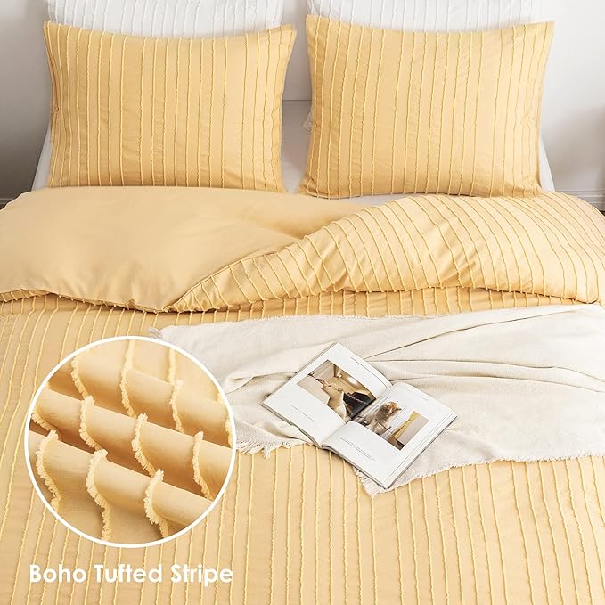 WARMDERN Yellow Boho Duvet Cover Set King Size, Striped Textured Duvet Cover Tufted Bedding Set, 3 Pcs Ultra Soft Washed Microfiber Duvet Cover with Zipper Closure (King, Yellow)