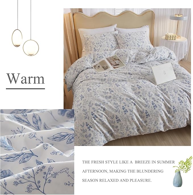 Twin Size Cute White Duvet Cover with Blue Floral Print,Coquette Bedding Set Soft Cotton Comforter Cover Boho Style,Aesthetic Twin Bedding Set with Zipper Closure 4 Ties