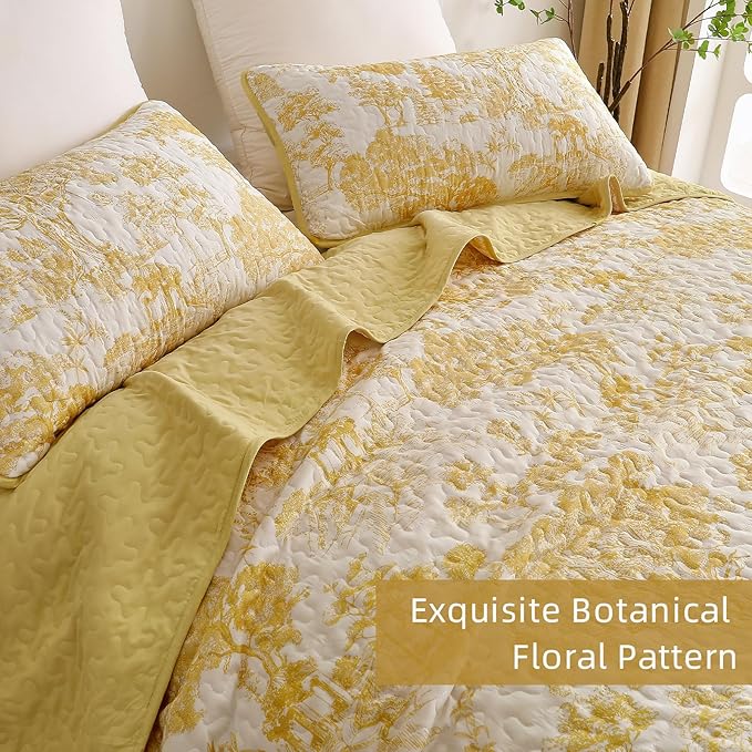 WONGS BEDDING Botanical Quilt Set King Size, Yellow 3 Pieces Toile Floral Plants Printed Bedspread Bedding Set Christmas Soft Lightweight Microfiber Coverlet Set for All Season (104"x90")