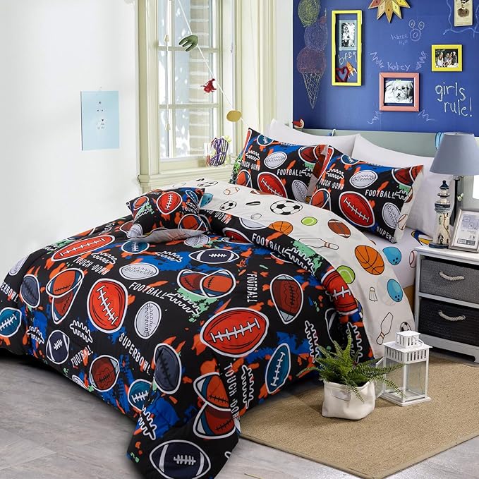 A Nice Night Boys Rugby Balls Comforter Set 6-Piece Bed-in-a-Bag with Sheet Set, Full Size Polyester Bedding Collections for Kids,Red Black