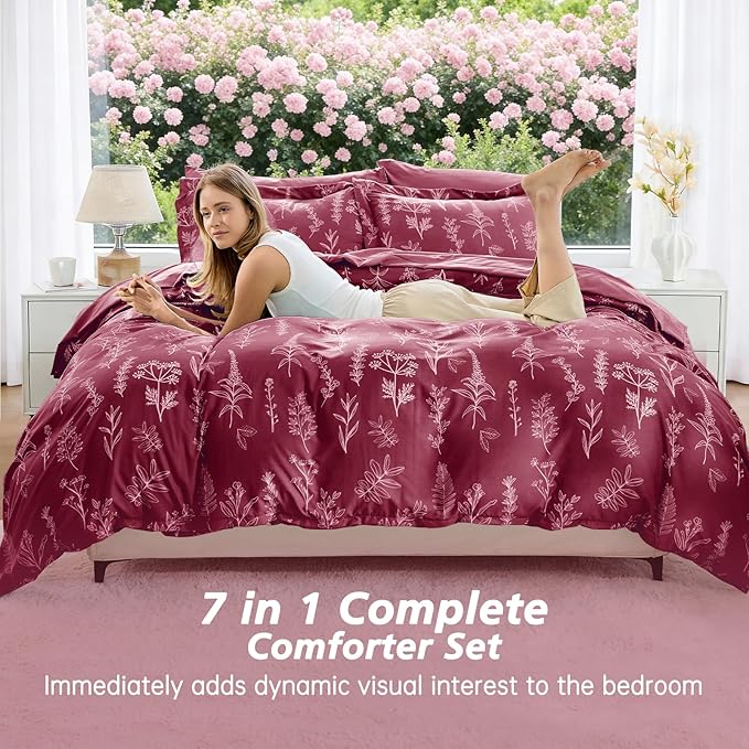 MUXHOMO Burgundy Bed in a Bag King 7 Pieces, King Comforter Set Reversible Botanical Flowers Design, Ultra Soft & Breathable Bedding Sets with Comforter, Sheets, Pillowcases & Shams
