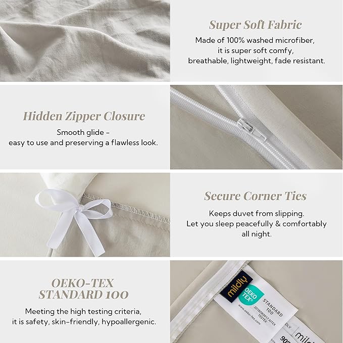 MILDLY Super Soft Duvet Cover 2pcs - 100% Washed Microfiber Linen Grey Comforter Cover Set with Zipper Closure & Corner Ties (No Comforter)