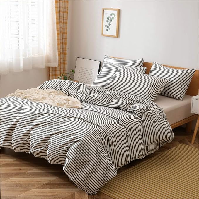 JELLYMONI 100% Natural Cotton 3pcs Striped Duvet Cover Sets,White Duvet Cover with Dark Grey Stripes Pattern Printed Comforter Cover,with Zipper Closure & Corner Ties(King Size)