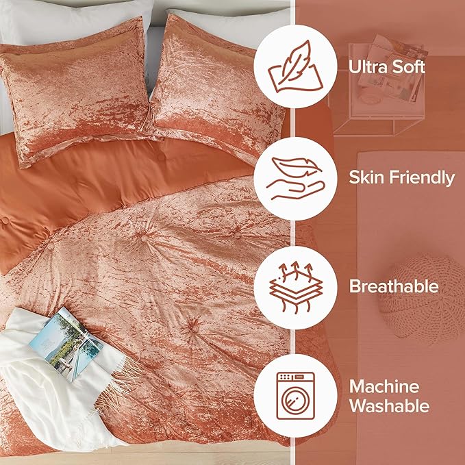 Comfort Spaces Luxe Velvet Comforter Set - King Size, Microfiber Reverse, Juliette, All Season, Fluffy Bed Set, Sham, Burnt Orange 3 Piece
