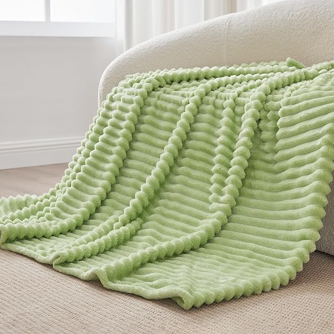 BEDELITE Twin Blanket for Couch & Bed, 300GSM Soft & Warm Fleece Blanket, Decorative and Giftable Striped Grass Green Blankets for Women, Men, 60"x80"