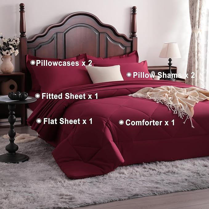 NTBAY King Comforter Set with Sheets, 7 Pieces Soft and Breathable King Bedding Set, Bed in a Bag, Down Alternative Comforter Set Solid Color All Season, Wine Red