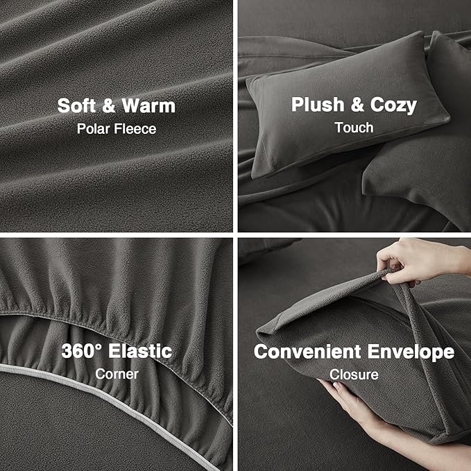 Love's cabin Fleece Full Sheet Set - 4 Pcs Dark Grey Super Soft Plush Polar Fleece Bed Sheets Set with 16" Deep Pocket,Cozy Warmth for Cold Season(1 Flat Sheet,1 Fitted Sheet,2 Pillow Cases)