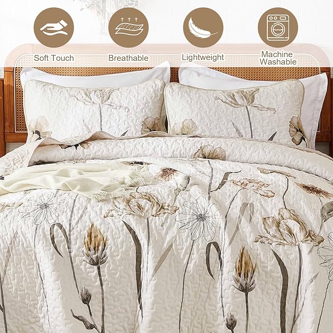 WONGS BEDDING Quilt Set Queen,Cute Floral Bedspread Coverlet Set,3 Pieces Brown Quilts Bed Cover,Lightweight Farmhouse Floewr Quilts Summer Bedding Set for All Season(96"x90")