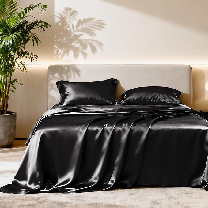 Love's cabin Twin Satin Sheets Sets - 3 Piece Black Silky Bed Sheets with Deep Pockets, Luxury Silk Feel Satin Twin Size Sheet Set Bedding Set (1 Flat Sheet,1 Fitted Sheet,1 Pillow case)