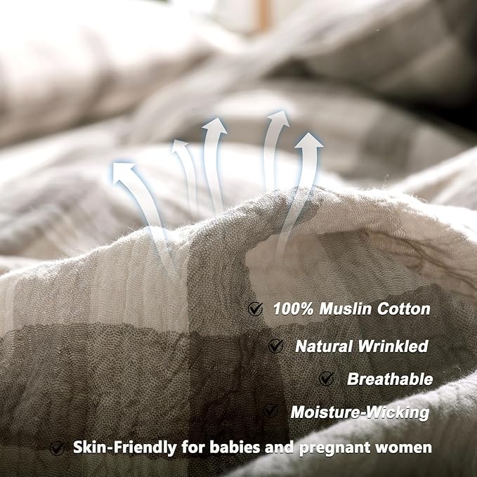 VM VOUGEMARKET King Duvet Cover Set Beige Grey Plaid Bedding Set Soft Breathable 3 Layers Muslin Cotton Linen Like Gauze Comforter Cover with Zipper Closure-3 Pieces,104"x90"