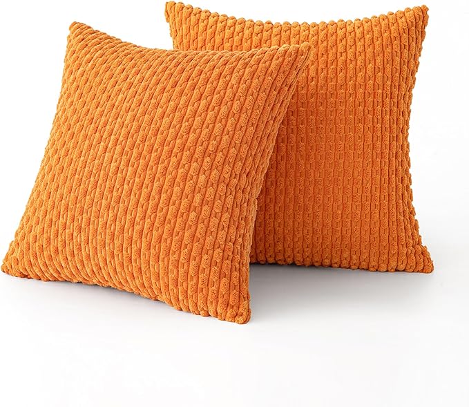 MIULEE Orange Throw Pillow Covers Soft Corduroy Decorative Set of 2 Boho Striped Pillow Covers Pillowcases Farmhouse Home Decor for Halloween Couch Bed Sofa Living Room 20x20 Inch