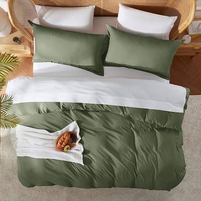 Nestl Twin Duvet Cover Set with Comforter Insert - Olive Green 3 Piece 68x90 Duvet Cover & 1 Pillow Sham with White Quilted Down Alternative Comforter, Ultra Soft, All Season