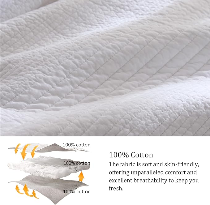 palassio Striped White 100% Cotton Quilt Queen Size Bedding Sets, Lightweight Crinkly Channel Pick Stitch Textured Bedspread Soft Shabby Chic Farmhouse Country Coverlet for All Season, 2 Shams