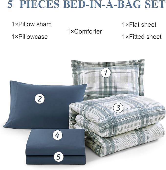 Twin XL Comforter Set, Blue Grey Plaid Bedding Set 5 Piece for Boys Girls Teen, Classic Homestead-Style Kids Comforter Set Bed in A Bag with Sheets, Pillowcase & Sham