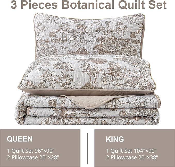 WONGS BEDDING Botanical Quilt Set Full Size, 3 Pieces Khaki Toile Floral Plants Printed Bedspread Bedding Set Soft Lightweight Microfiber Coverlet Set for All Season (90"x78")