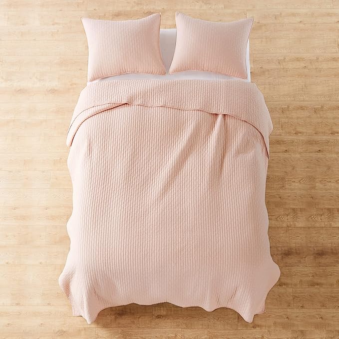 Levtex Home Cross Stitch Reversible Queen Bedspread Set (104x106in) with 2 Pillow Shams (26x20in) - Stitch Texture - Blush - Cotton Queen Size Bedspread Set - Lightweight, Soft, Pre-Washed