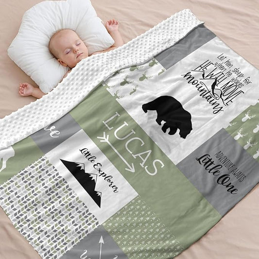 Custom Bear Baby Blanket for Boy, Baby Blanket with Name - 35 x 45 Inches Blankets with Double Layer Dotted Backing - Shower Gifts for Nursery - Essential Bebe Stuff, Reseda
