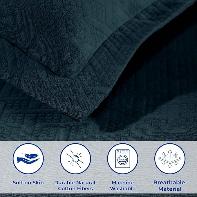Superior 3 Piece Basketweave Cotton Bedspread Set, Home Bed Decor, Decorative Bed Spread, 2 Pillow Shams, Medium Weight Blanket, Matelasse Coverlet Bedding, Geometric Lattice Pattern, Queen, Deep Sea