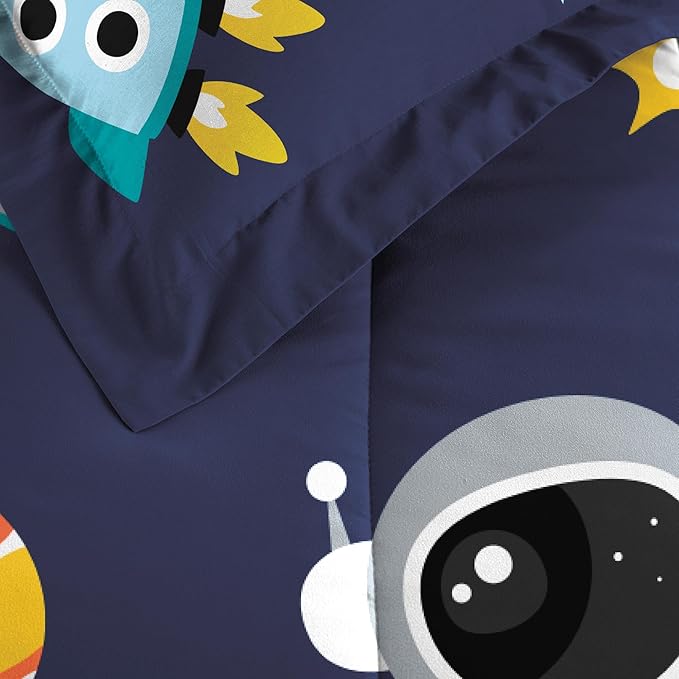 Dream Factory Kids 7-Piece Complete Bed Set Easy-Wash Super Soft Microfiber Comforter Bedding, Full, Blue Space Galaxy