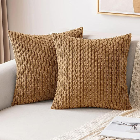 MIULEE Pack of 2 Decorative Throw Pillow Covers 16x16 Inch Soft Boho Striped Textured Corduroy Pillow Covers Modern Farmhouse Home Decor for Couch Bed Sofa Living Room Light Coffee