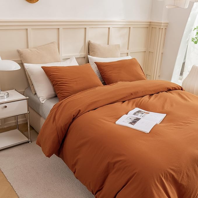 ECOCOTT 100% Washed Cotton Duvet Cover Twin Size – Soft & Breathable Linen Feel Bedding Set, 3 Pieces Brown Comforter Cover with Zipper Closure for All Seasons