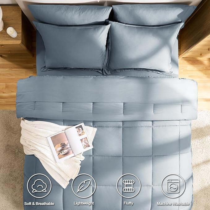 CozyLux King Size Comforter Set Grayish Blue - 7 Pieces Bed in a Bag King, Okeo-Tex Certifited Bedding Set, All Season Soft Bed Set with Down Alternative Comforter, Sheets, Pillowcases & Pillow Shams