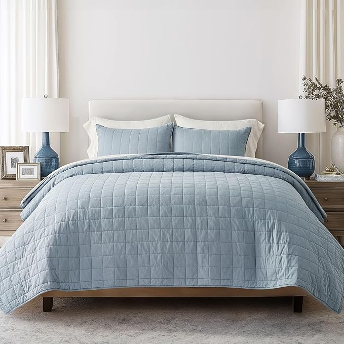 EVERGRACEHOME 100% Cotton Box Stitch Quilt Bedding Set Queen Size 3 Pieces, Garment-Washed Lightweight Soft Cozy Coverlet, Quilted Bedspread Sets with 2 Shams for All Season, Blue Linen