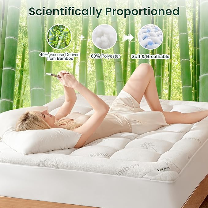 Love's cabin Queen Mattress Topper Viscose Derived from Bamboo, Thick Pillow Top Mattress Pad with Stretchable Pockets for 8"-20" Mattress, Soft Breathable Cooling Mattress Topper for Hot Sleepers