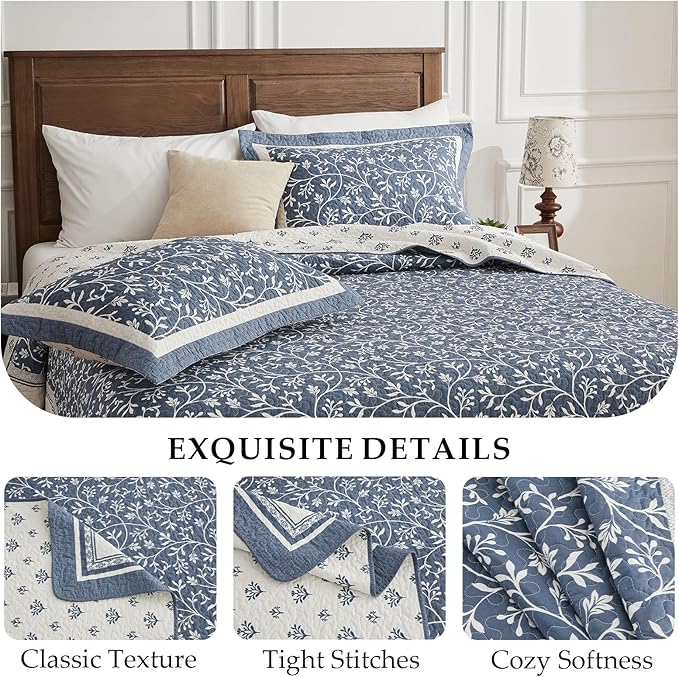Oversized King Bedspread Set - 100% Cotton Lightweight Quilted Coverlet - Soft Reversible Bedding, Botanical Floral Design - Includes 1 Bedspread (120x120) & 2 Pillow Shams - Grayish-Blue