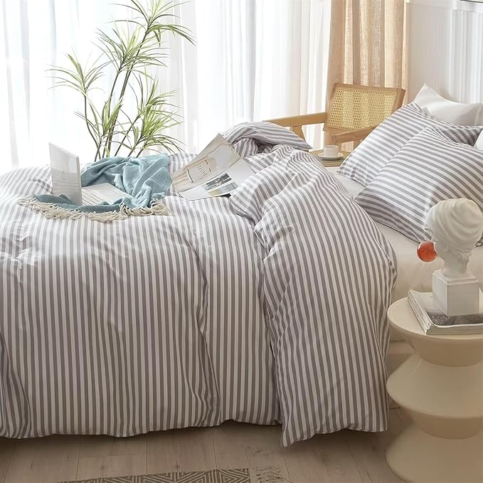 Striped Comforter Set Twin XL Size Grey White Stripes Pattern Comforter Fluffy Bed Set for Men Boys 3 Pieces Lightweight Bedding Comforter Set for All Seasons Soft Fluffy Comforter with 2 Pillowcases