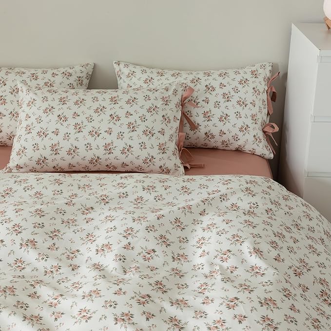 Boho Floral Duvet Cover Full Girl Soft Cotton Pink Floral Bedding Set for Teen Dorm with 2 Bow Tie Pillowcases,Aesthetic Chic Comforter Cover Full with Zipper Closure,Room Decor Bedding