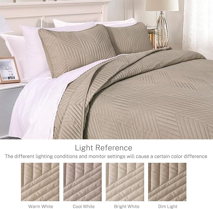 Exclusivo Mezcla Ultrasonic Full Queen Quilt Bedding Set, Lightweight Taupe Bedspreads Soft Modern Geometric Coverlet Set for All Seasons (1 Quilt and 2 Pillow Shams)