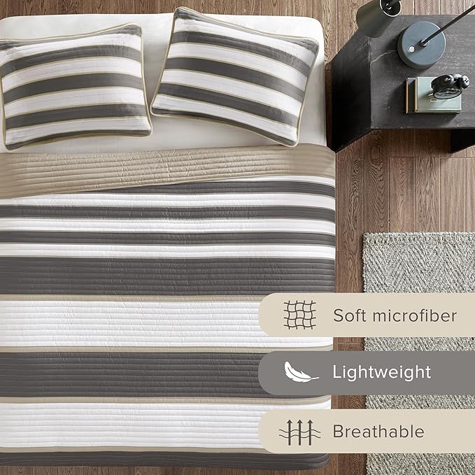 Comfort Spaces Queen Quilt Set Trendy Casual Fun, Vibrant Color Stripes Design, All Season Lightweight Coverlet Bedspread Queen Size Bedding & Shams, Verone, Full/Queen, Grey, 3 Piece