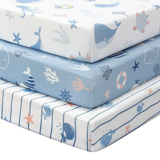 Baby Mini Crib Sheets Boy, Portable 38”x26” Pack and Play Sheets Fitted for Playard and Pack N Play Mattress, 3-Pack Soft Microfiber Blue Ocean Whale